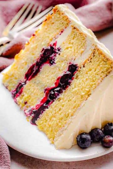 Close-up of vanilla blueberry layer cake slice showing distinct blueberry filling layer and fluffy buttercream