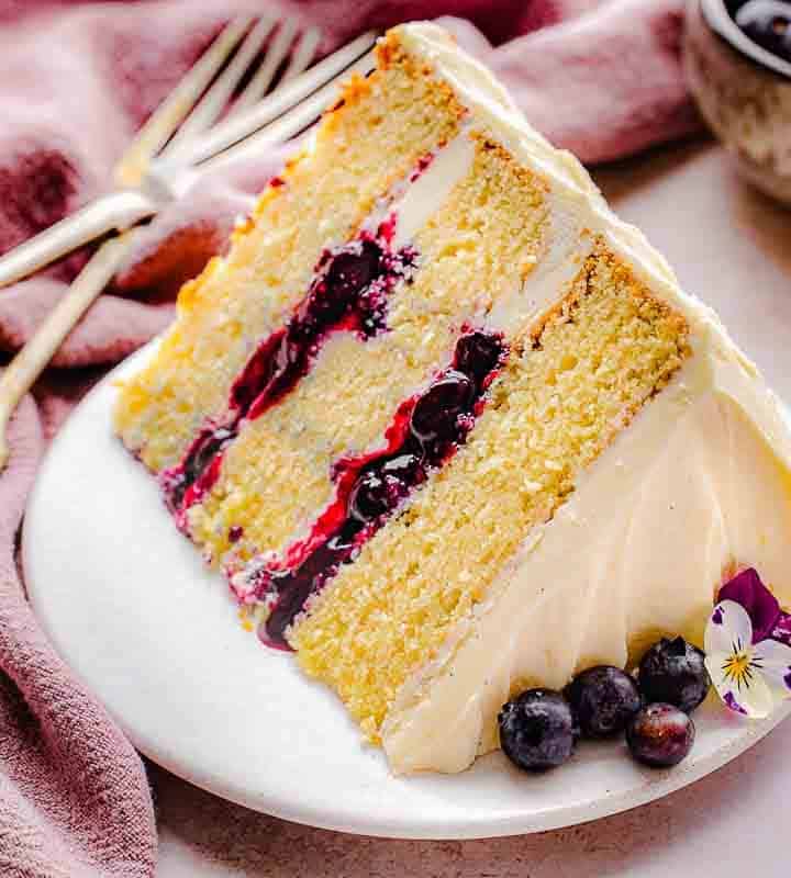Close-up of vanilla blueberry layer cake slice showing distinct blueberry filling layer and fluffy buttercream