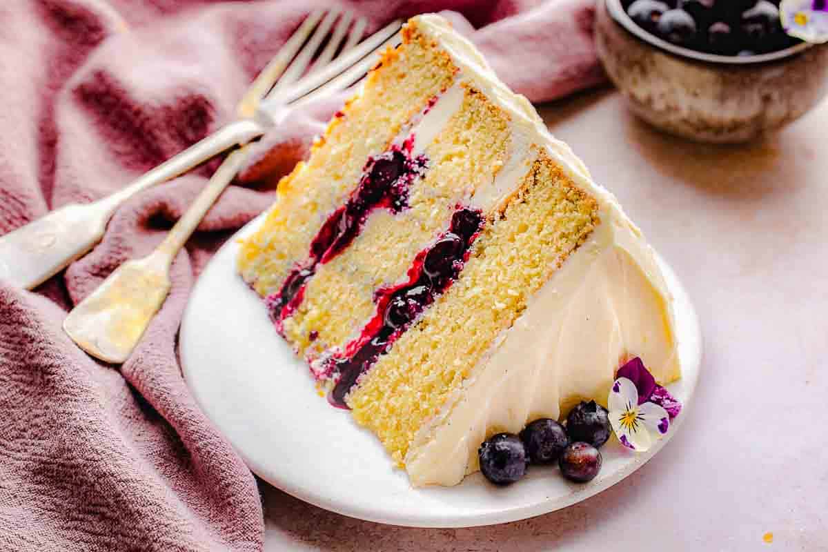Close-up of vanilla blueberry layer cake slice showing distinct blueberry filling layer and fluffy buttercream