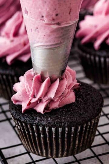 Blackberry buttercream frosting made with chopped blackberries being piped on top of chocolate cupcake