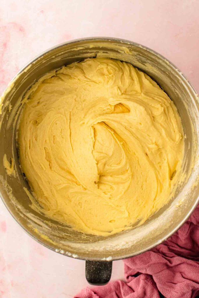 fully mixed in cherry bundt cake batter without cherries