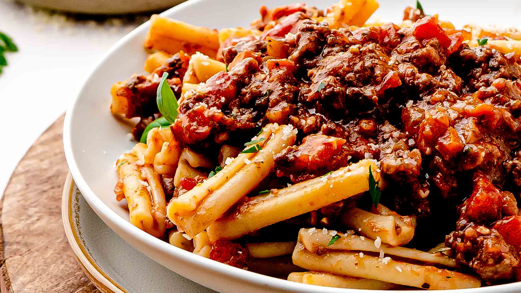 Beef Bolognese with Cavatelli on a plate