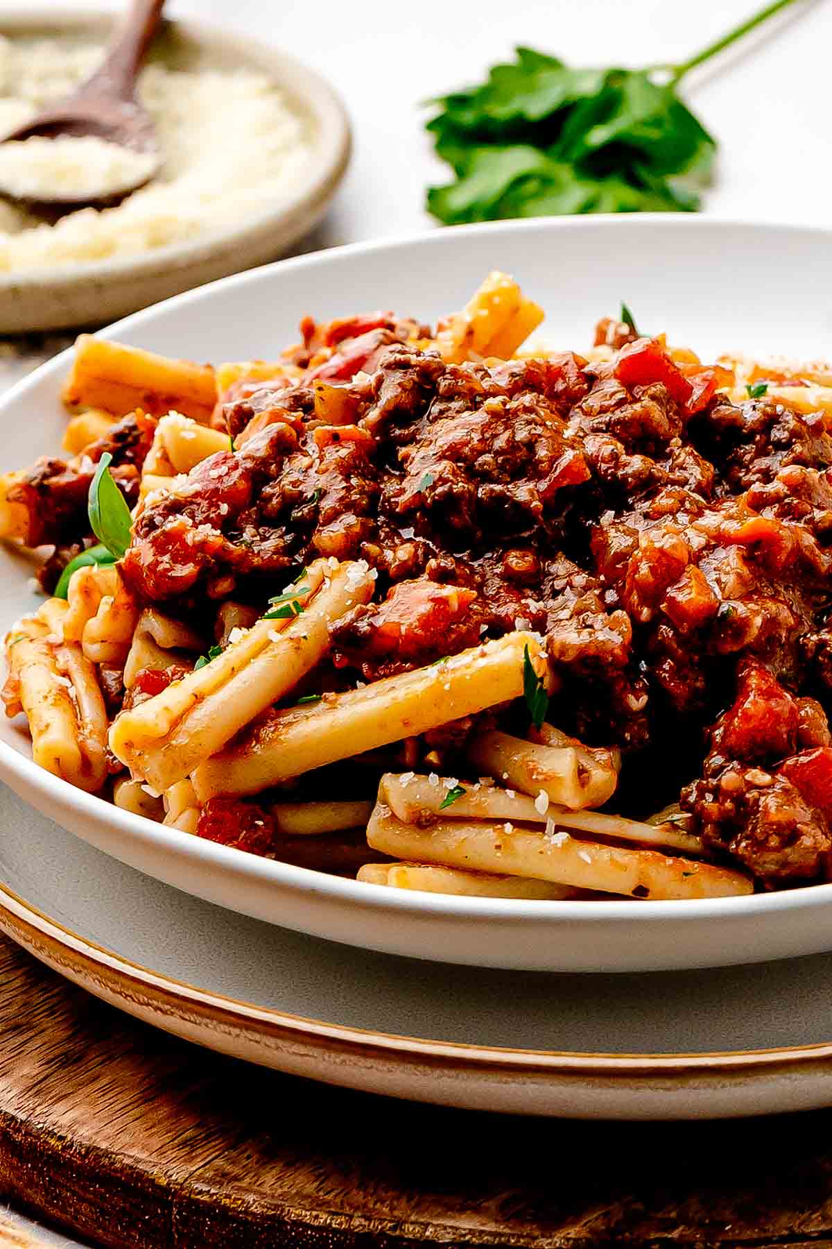 Beef Bolognese with Cavatelli on a plate