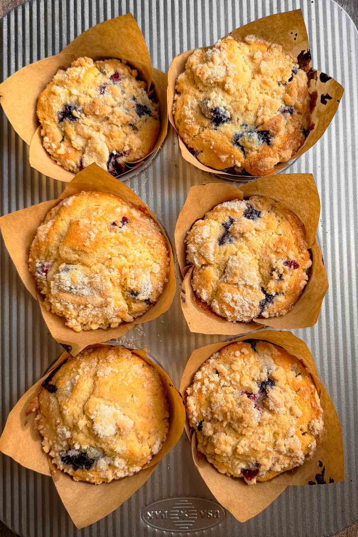 Jumbo Blueberry Muffins with Lemon Crumb Topping in 6 muffin cup tin