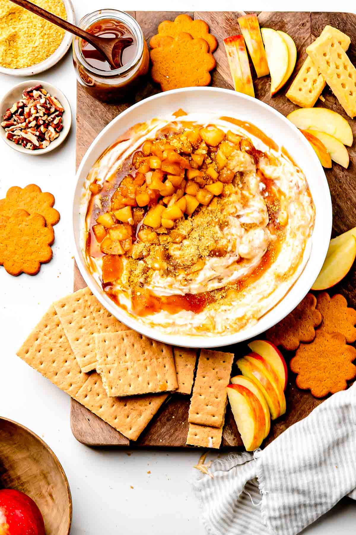 overhead view of Caramel Apple Cheesecake Dip