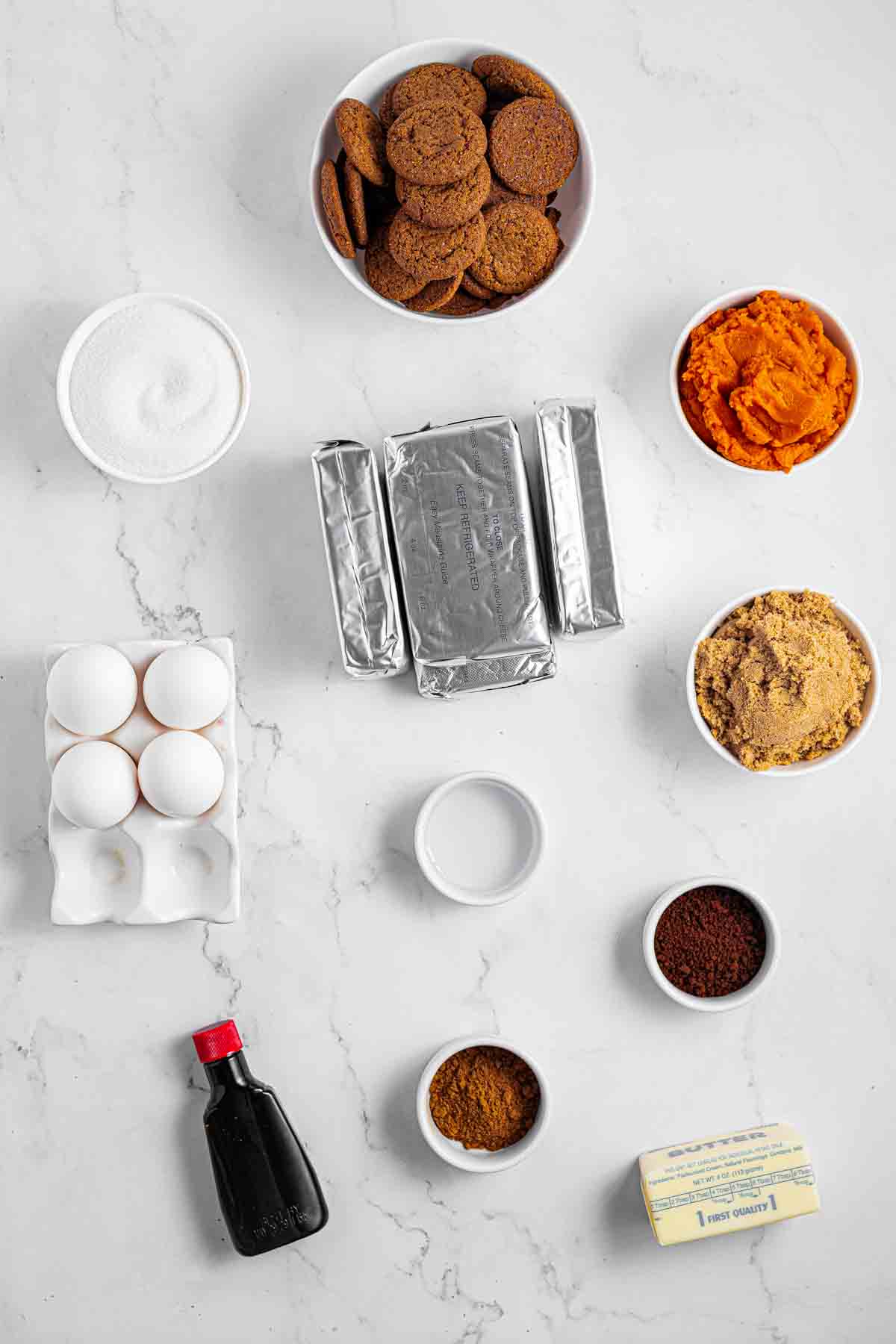 All the ingredients I used for my pumpkin spice latte cheesecake, including Libby's pumpkin and Cafe Bustelo espresso