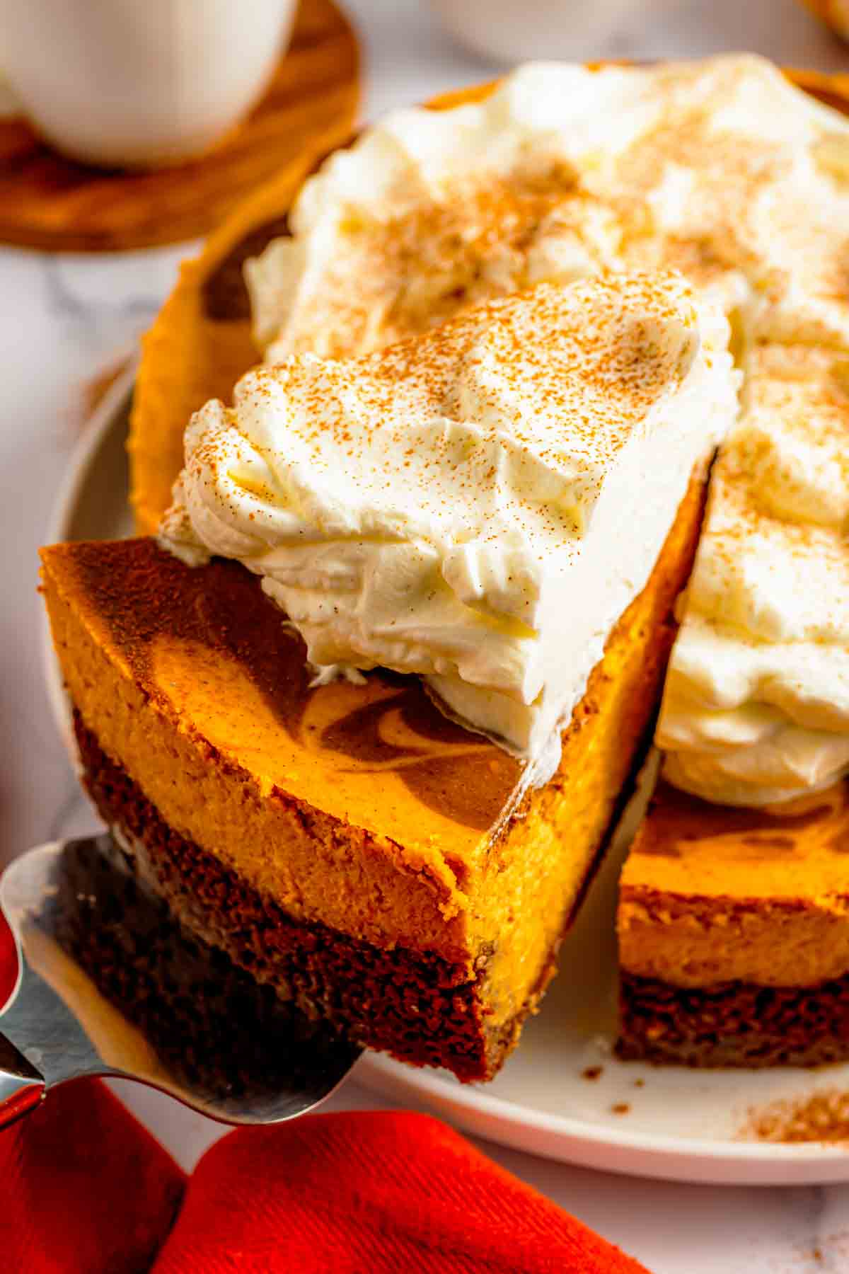 Top-down view of the espresso swirl I made on my pumpkin latte cheesecake before adding whipped cream