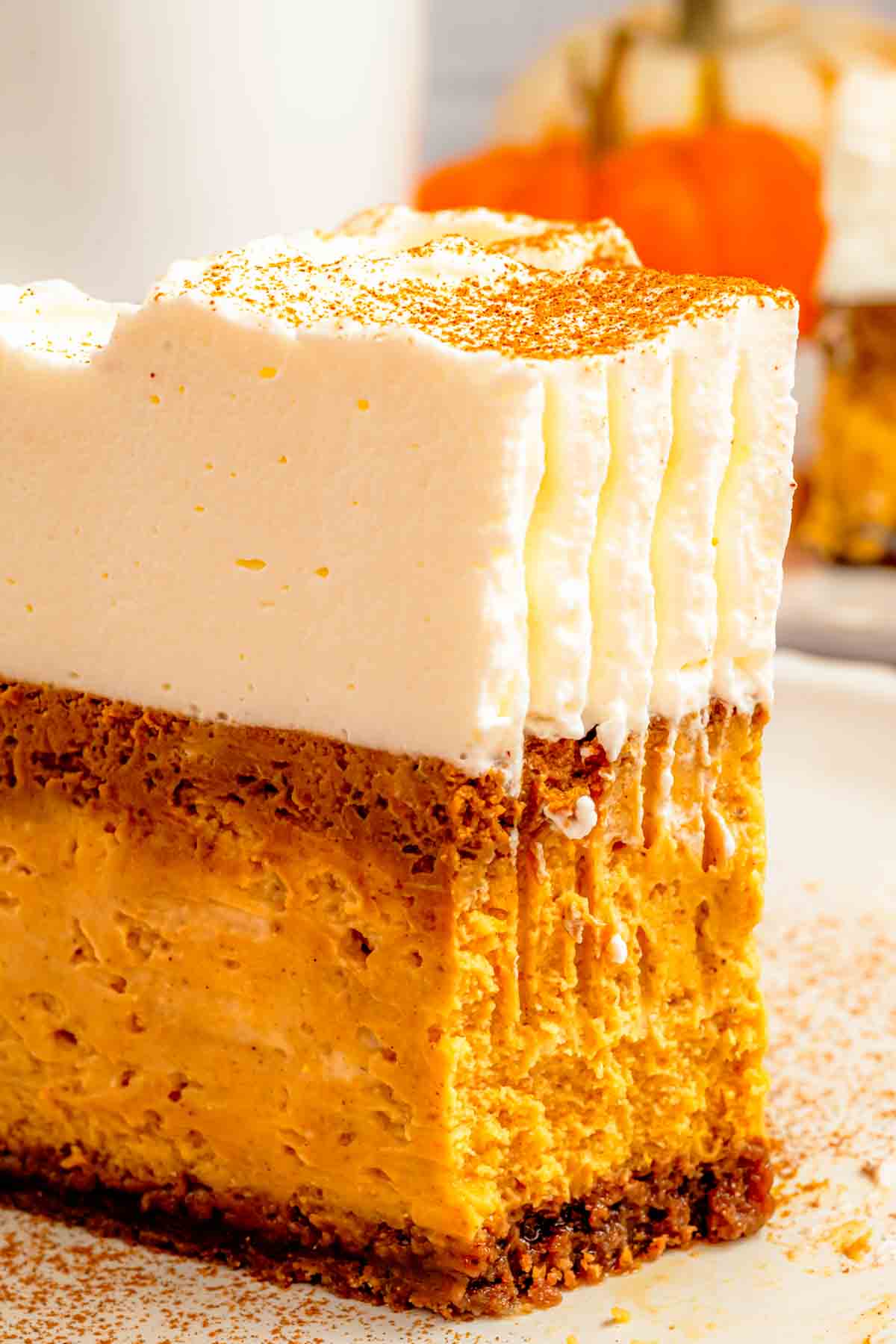 A slice of my pumpkin spice latte cheesecake on a plate, with the gingersnap crust and dark coffee ribbons visible