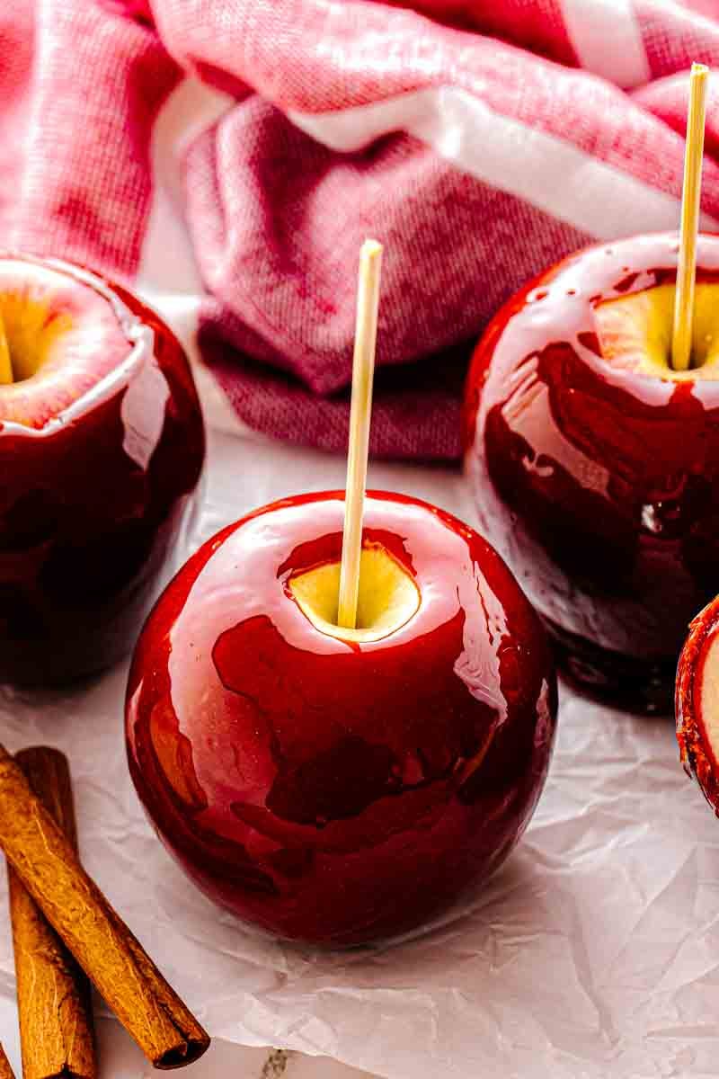 Toffee Apples with a stick in the middle of each apple