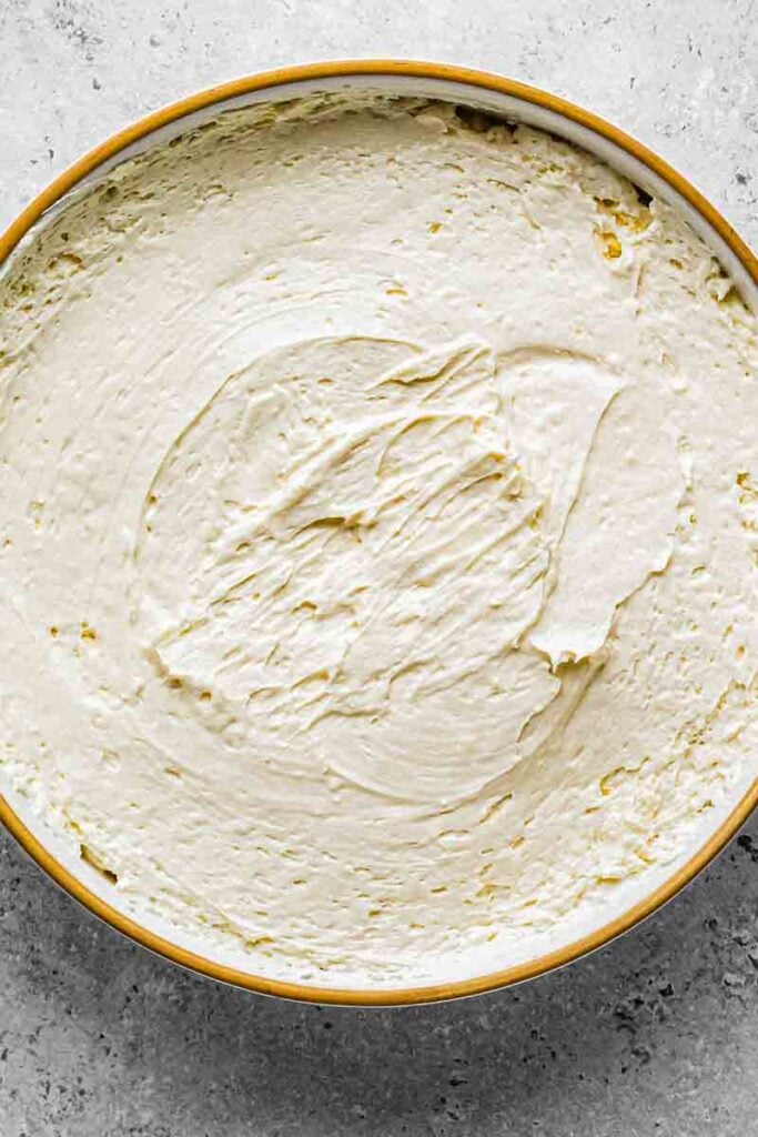 cream cheese marshmallow mixture in the serving dish
