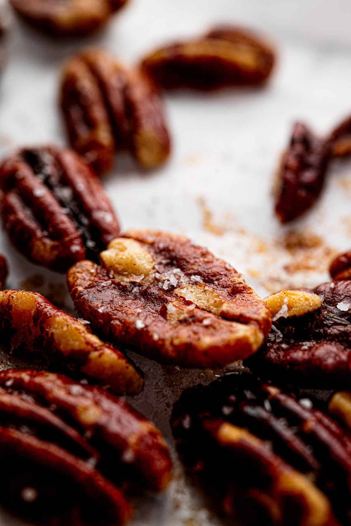 close up of toasted deeply colored pecan