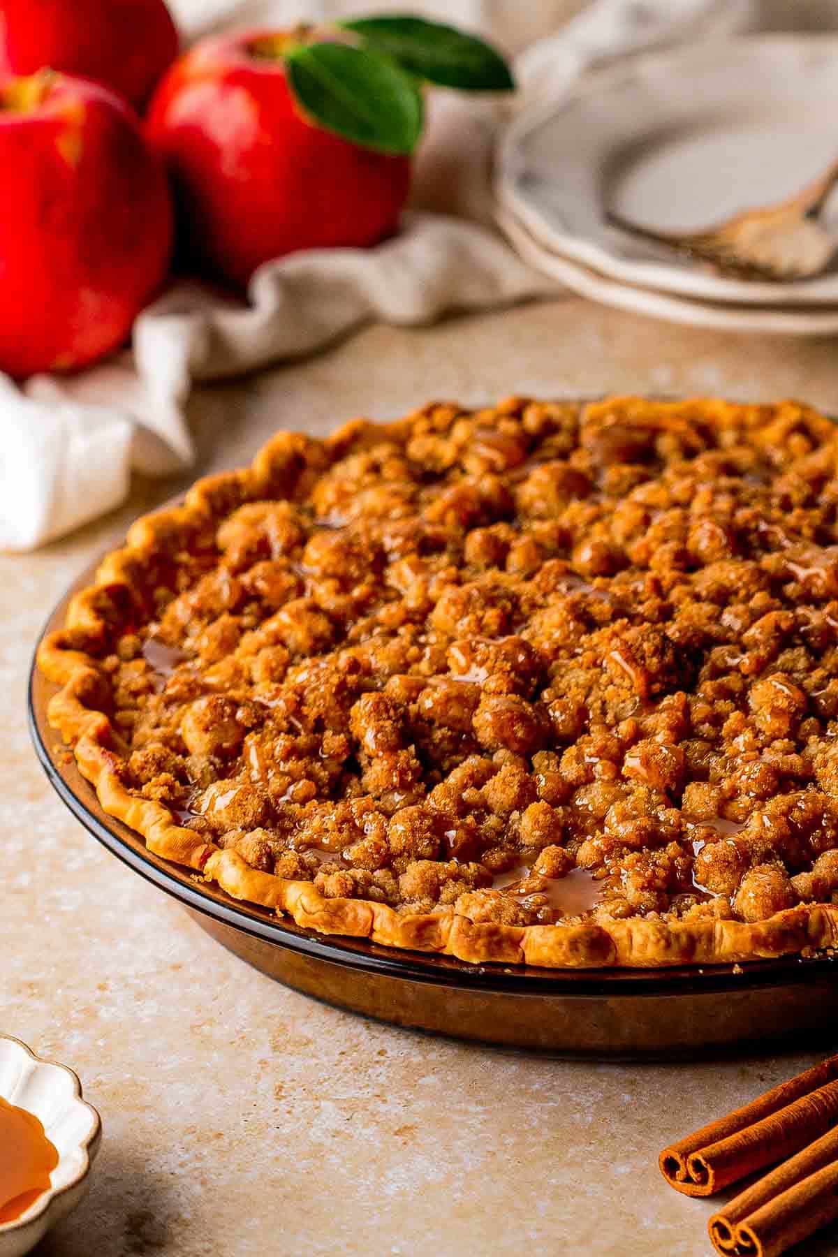 Caramel sauce drizzled over the cooled Dutch apple pie.