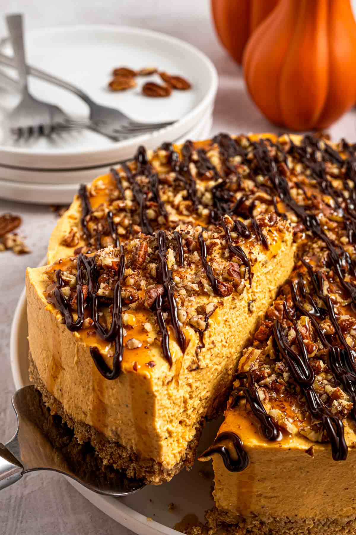 Overhead view of pumpkin turtle cheesecake with caramel and chocolate drizzle