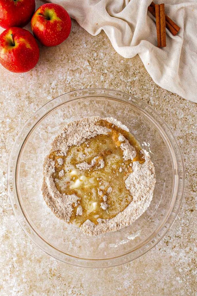 Flour, brown sugar, granulated sugar, cinnamon, and salt in a bowl for the crumble topping.