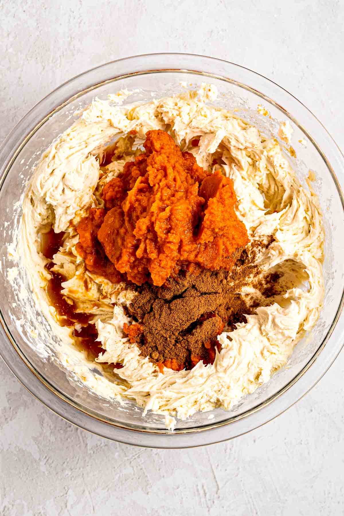 Pumpkin puree and pumpkin pie spice mixed into cream cheese filling