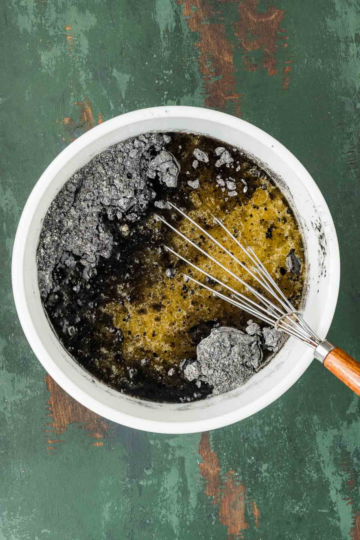 Flour, black cocoa powder, baking soda, baking powder, and salt whisked together in a bowl